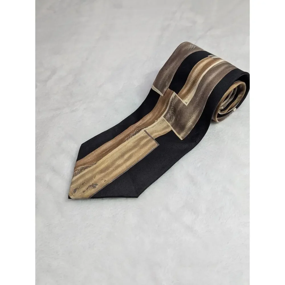 Vintage Ferracci Silk Tie Mens Black Gold Abstract Geometric 90s Italy Hand Made